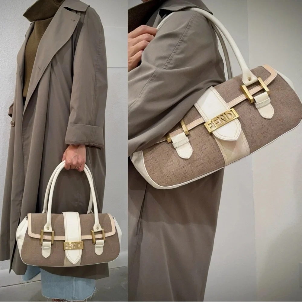 Auth Fendi Zucca Brown Monogram Shadow Shoulder Bag beige and white